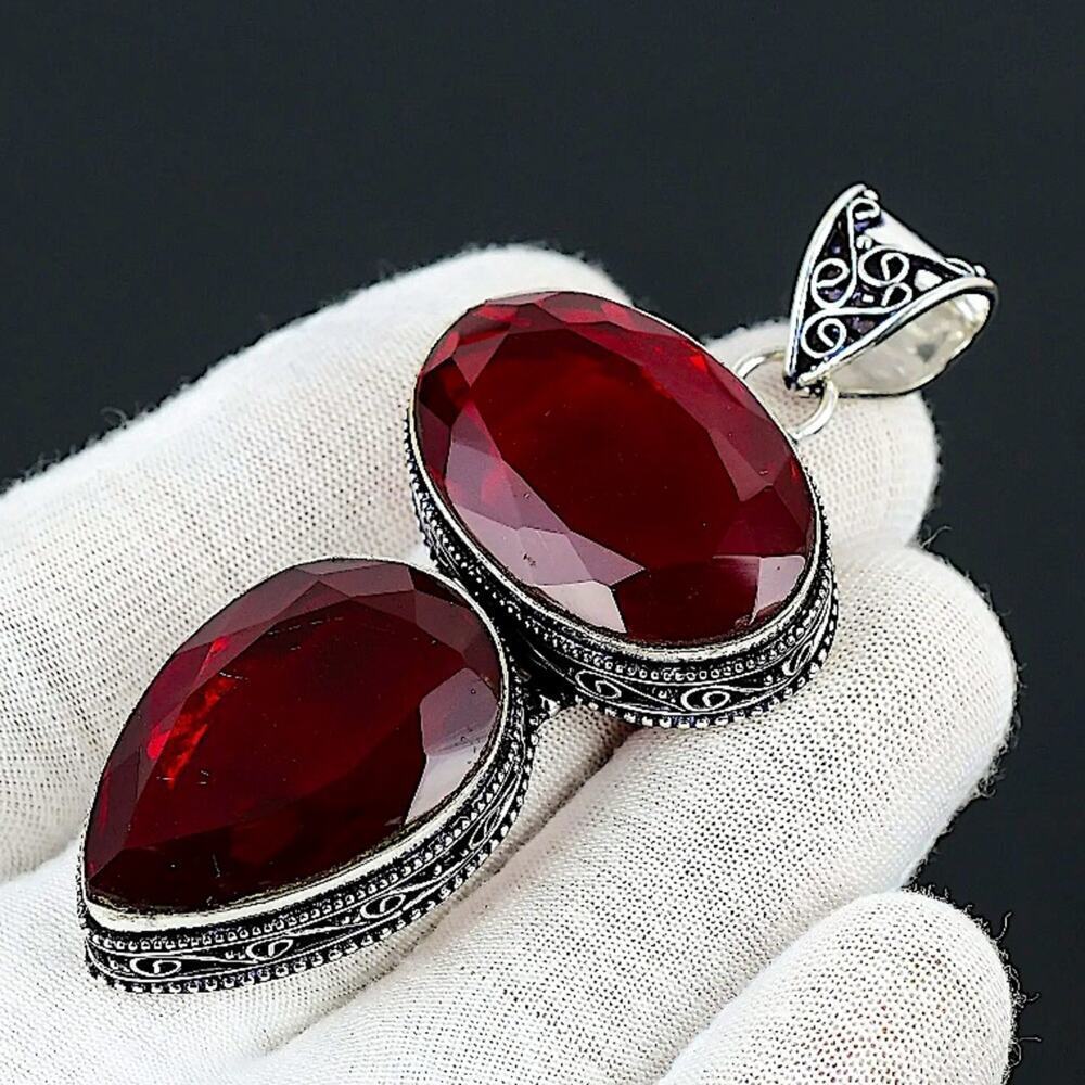 Antique Ruby Pendant Necklace, Sterling Silver, Double Gemstone, Stateme… - Picture 5 of 11